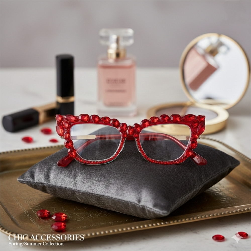 Women's Bling Cat Eye Readers Red Rhinestones AB Reading Glasses Black +1.50 - Picture 2 of 8